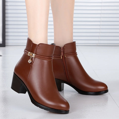 Mtvrmall - NEW Fashion Soft Leather Women Ankle Boots High Heels Zipper Shoes Warm Fur Winter Boots for Women Plus Size 35-43