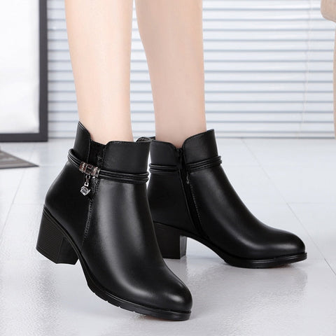 Mtvrmall - NEW Fashion Soft Leather Women Ankle Boots High Heels Zipper Shoes Warm Fur Winter Boots for Women Plus Size 35-43