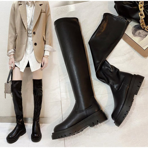 Mtvrmall - Women Ankle Boots Ladies Shoes Slip On Mid Calf Boots Platform Soft PU Leather Long Boot Footwear Woman Fashion Spring Winter