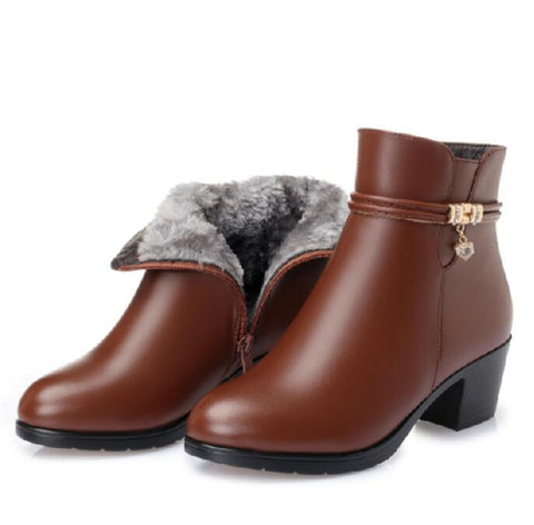 Mtvrmall - NEW Fashion Soft Leather Women Ankle Boots High Heels Zipper Shoes Warm Fur Winter Boots for Women Plus Size 35-43