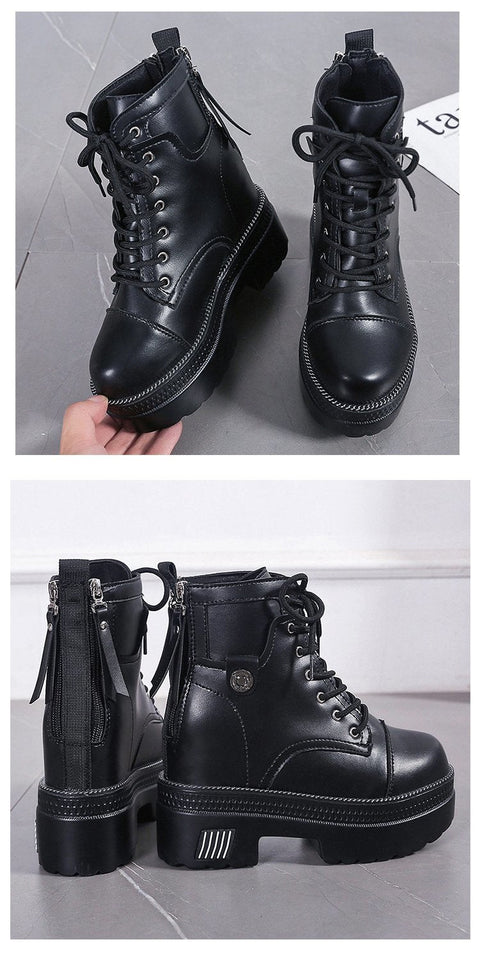 Mtvrmall - Women High Heels 10CM Thick Heel Ankle Boots Lace Up Black Chunky Boots Autumn Winter Leather Woman Boots Platform Leather Shoes