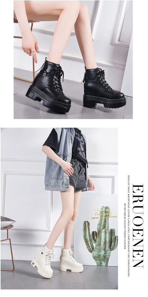 Mtvrmall - Women High Heels 10CM Thick Heel Ankle Boots Lace Up Black Chunky Boots Autumn Winter Leather Woman Boots Platform Leather Shoes