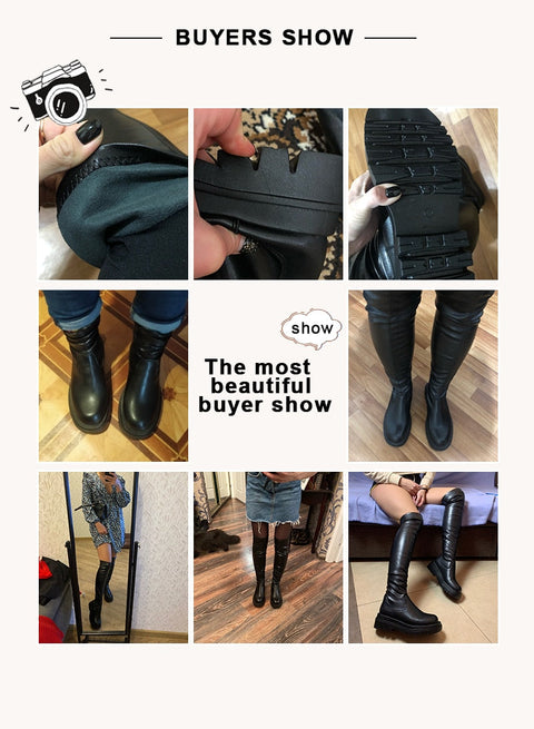 Mtvrmall - Women Ankle Boots Ladies Shoes Slip On Mid Calf Boots Platform Soft PU Leather Long Boot Footwear Woman Fashion Spring Winter