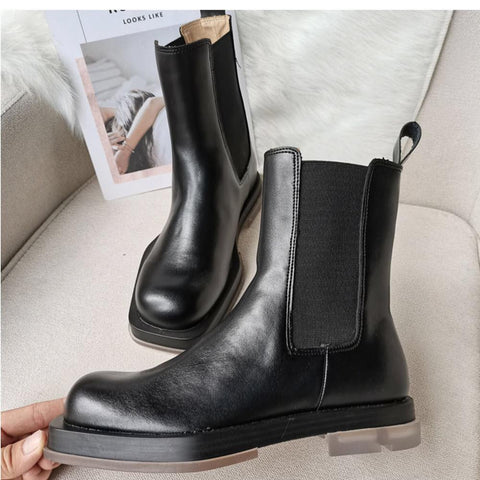 Mtvrmall -  New Square Toe Women Chelsea Boots Thick Sole Platform Ankle Boots Black Autumn Botas Mujer Ladies Slip-on Footwear