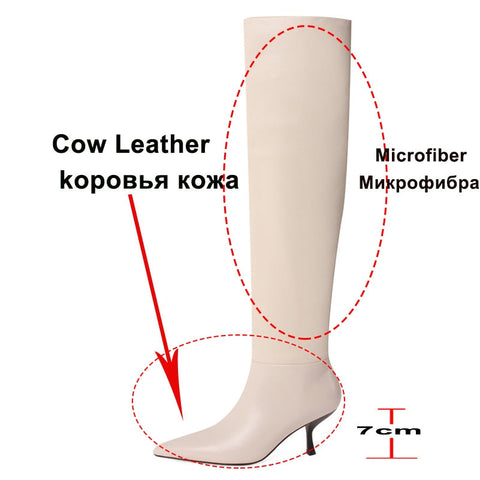 Mtvrmall - Meotina Pleated Real Leather High Heel Long Boots Women Shoes Pointed Toe Stiletto Heels Knee-High Boots Autumn Winter Beige 43