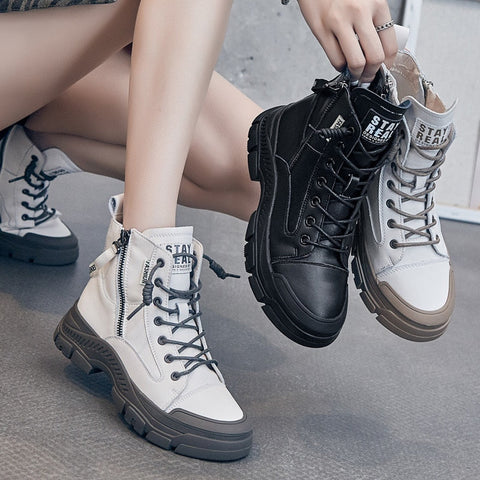 Mtvrmall - Leather Boots for Women Sports Ankle Boots Female Luxury Designer Shoes Woman Flats Platform Heels Rubber Sole