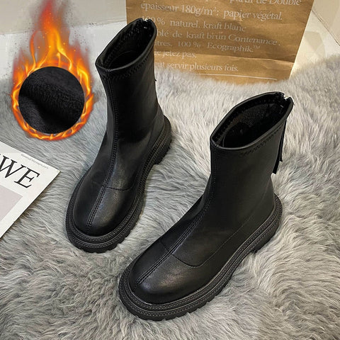 Mtvrmall - Autumn Winter Women Ankle Boot Fashion Square Toe Back Zipper Ladies Keep Warm Short Boots Casual Square Low Heel Shoes