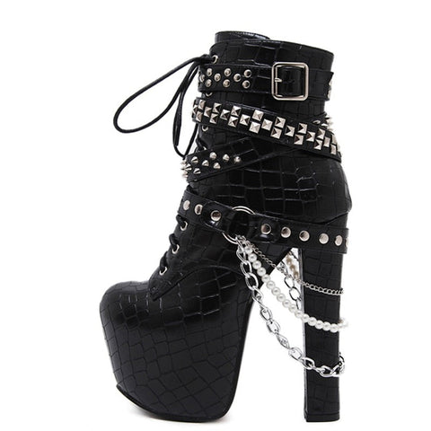 Mtvrmall -  Zip Metal Chains Rivet Motorcycle Boots Women Shoes Super High Heels Platform Ankle Boots Punk Rock Gothic Biker Boots