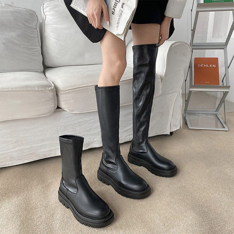 Mtvrmall - Women Ankle Boots Ladies Shoes Slip On Mid Calf Boots Platform Soft PU Leather Long Boot Footwear Woman Fashion Spring Winter