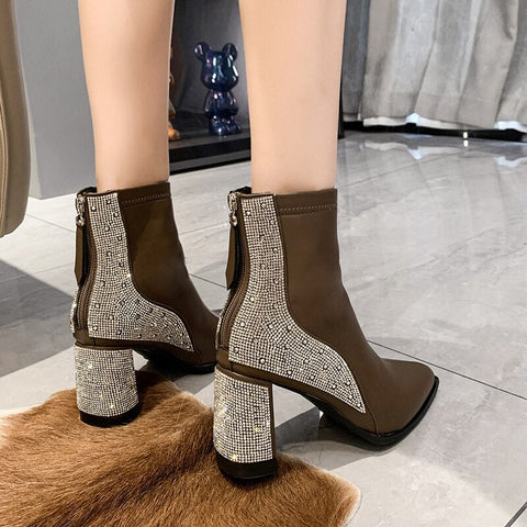 Mtvrmall - Chunky Women Ankle Chelsea Boots Brand Pumps Designer Crystal High Heels Shoes Winter New Fashion Dress Goth Women Boots