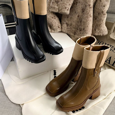 Mtvrmall - Women Mid-Calf Chunky Chelsea Boots Winter High Heels Casual Shoes Fashion New Trend Women Gladiator Goth Motorcycle Boots