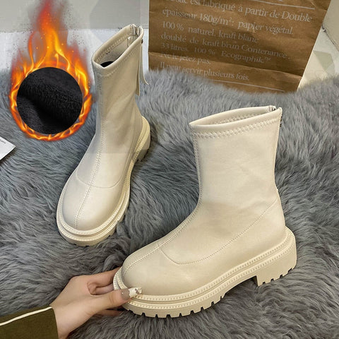 Mtvrmall - Autumn Winter Women Ankle Boot Fashion Square Toe Back Zipper Ladies Keep Warm Short Boots Casual Square Low Heel Shoes