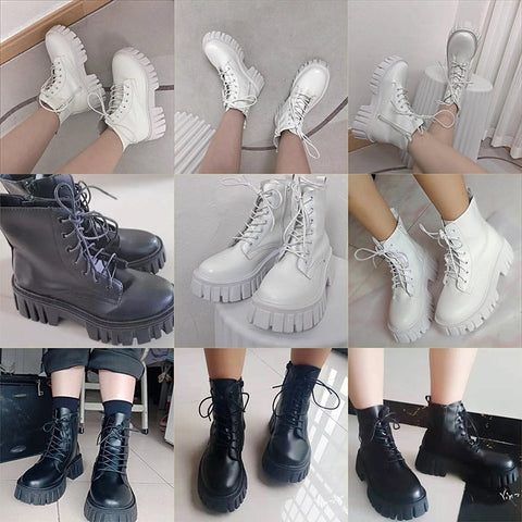 Mtvrmall - New Women White Ankle Boots PU Leather Thick Sole Lace Up Combat Booties Female Autumn Winter Platform Shoes Woman