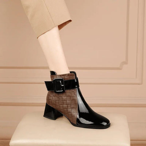 Mtvrmall - Autumn Women Ankle Boots Pu Leather Thick High Heel Short Boots Winter Zip Square Toe Shoes Lady Women Shoes