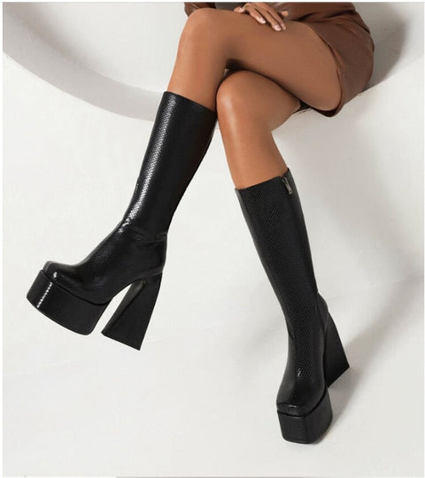 Mtvrmall - Women Knee High Boots Platform Thick High Heel Ladies Calf Boots Faux Leather Square Toe Zipper Shoes