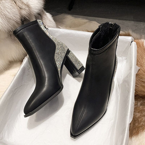 Mtvrmall - Chunky Women Ankle Chelsea Boots Brand Pumps Designer Crystal High Heels Shoes Winter New Fashion Dress Goth Women Boots