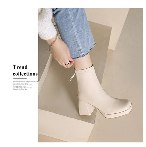 Mtvrmall - New Autumn Winter Leather Short Boots Women Square High Heel Women Shoes Zipper All Match Ankle Boot Female Platform Shoes