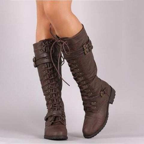 Mtvrmall - Women Knee high Boots Autumn Winter Lace Up Flat Shoes Sexy Steampunk PU Retro Buckle women shoes Ladies Snow Boots