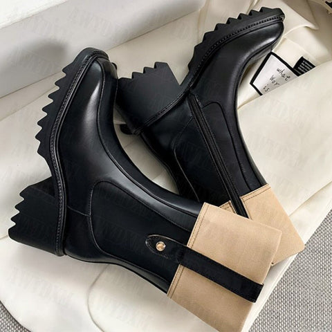 Mtvrmall - Women Mid-Calf Chunky Chelsea Boots Winter High Heels Casual Shoes Fashion New Trend Women Gladiator Goth Motorcycle Boots