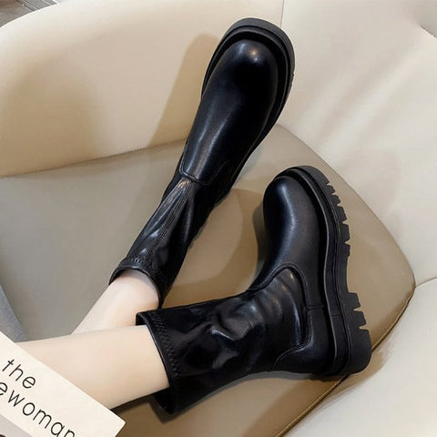 Mtvrmall - Women Ankle Boots Ladies Shoes Slip On Mid Calf Boots Platform Soft PU Leather Long Boot Footwear Woman Fashion Spring Winter