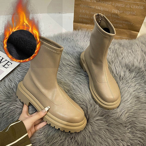 Mtvrmall - Autumn Winter Women Ankle Boot Fashion Square Toe Back Zipper Ladies Keep Warm Short Boots Casual Square Low Heel Shoes