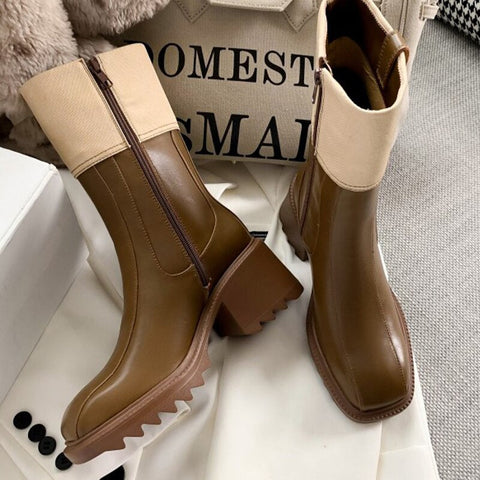 Mtvrmall - Women Mid-Calf Chunky Chelsea Boots Winter High Heels Casual Shoes Fashion New Trend Women Gladiator Goth Motorcycle Boots