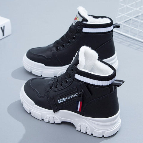 Mtvrmall - Booties Women Winter New Boots Plush Warm Lace Up Women Sneakers Waterproof PU Leather Snow Ankle Boots Woman Shoes Male