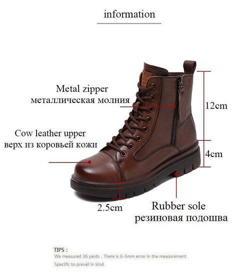 Mtvrmall -  Autumn Winter Warm Ankle Boots For Women Luxury Genuine Cow Leather Square Heel Platform Casual Short Boots Retro