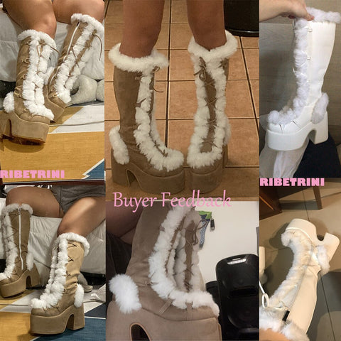 Mtvrmall Brand Designer Fur Gothic Chunky Block Heel Women Boots High Heel Platform Cosplay Casaul Party Warm Boots Shoes Women