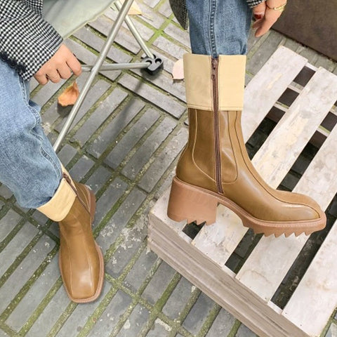 Mtvrmall - Women Mid-Calf Chunky Chelsea Boots Winter High Heels Casual Shoes Fashion New Trend Women Gladiator Goth Motorcycle Boots