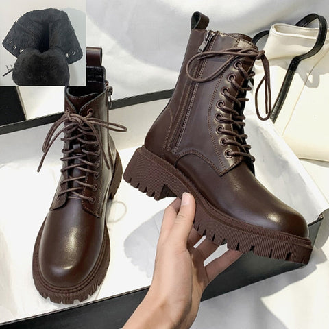 Mtvrmall - Brown Platform Ankle Boots Women Autumn Winter Thick Bottom Motorcycle Boots Woman Thicken Warm Lace Up Shoes Ladies