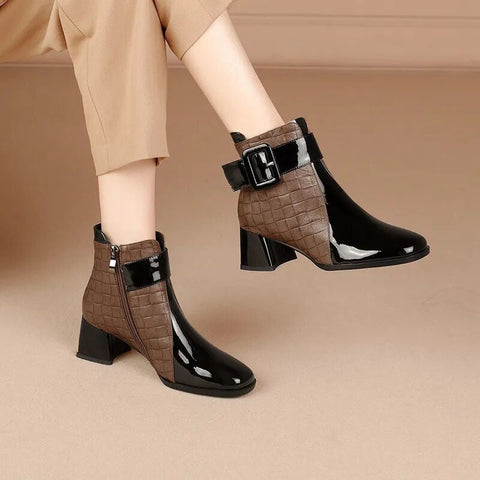 Mtvrmall - Autumn Women Ankle Boots Pu Leather Thick High Heel Short Boots Winter Zip Square Toe Shoes Lady Women Shoes