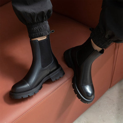 Mtvrmall - HOT Sales Fall/Winter Shoes Women Leather Ankle Boots Women Round Toe Thick Heel Shoes Solid Chelsea Boots Casual Women Boots