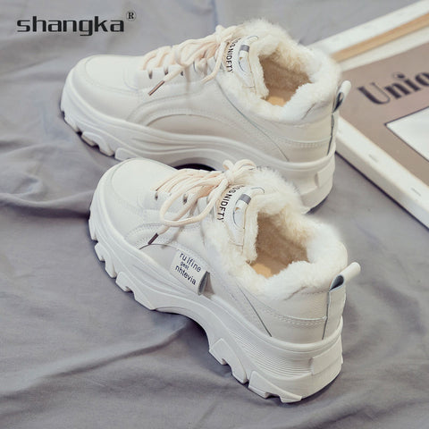 Mtvrmall - Ankle Snow Sneakers Woman Female Fashion PU Plush Winter Shoes for Women Platform Flats WarmBooties Sports Cotton Chunky Padded