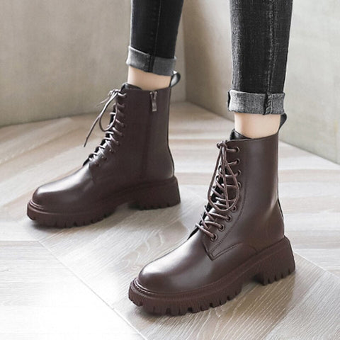 Mtvrmall - Brown Platform Ankle Boots Women Autumn Winter Thick Bottom Motorcycle Boots Woman Thicken Warm Lace Up Shoes Ladies