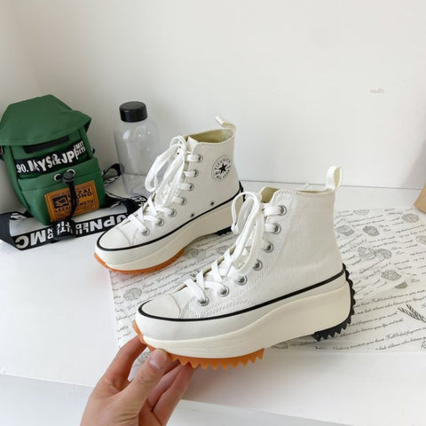 Mtvrmall - Women Canvas Shoes High Top Canvas Boots Lace Up Casual Sneakers Plarform Height Increasing Girl Shoes Female Ankle Boots