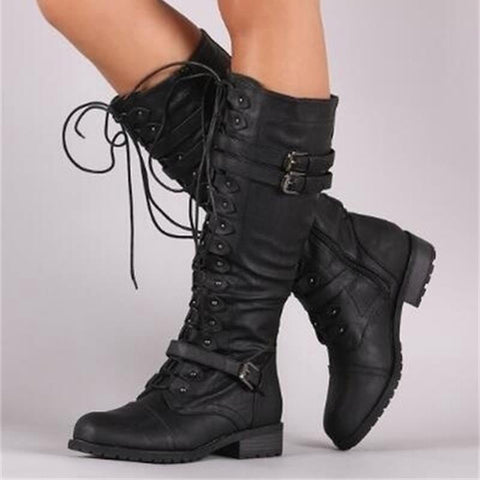 Mtvrmall - Women Knee high Boots Autumn Winter Lace Up Flat Shoes Sexy Steampunk PU Retro Buckle women shoes Ladies Snow Boots