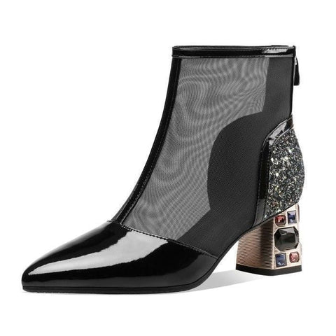 Mtvrmall - NEW Mesh Sandals Boots Women Mesh Ankle Boot for Summer Mid Heel Rhinestone Ponited Toe Shoes Hollow Out Back Zip