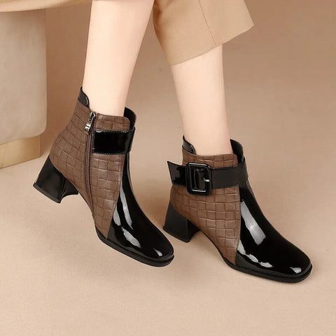 Mtvrmall - Autumn Women Ankle Boots Pu Leather Thick High Heel Short Boots Winter Zip Square Toe Shoes Lady Women Shoes