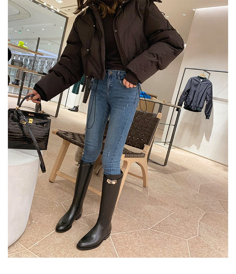 Mtvrmall - New Round Head Metal Buckle Back Zipper Boots Women's Winter No More Than Knee Casual Medium High Black Knight Boots