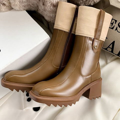 Mtvrmall - Women Mid-Calf Chunky Chelsea Boots Winter High Heels Casual Shoes Fashion New Trend Women Gladiator Goth Motorcycle Boots