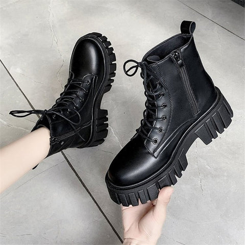 Mtvrmall - New Women White Ankle Boots PU Leather Thick Sole Lace Up Combat Booties Female Autumn Winter Platform Shoes Woman