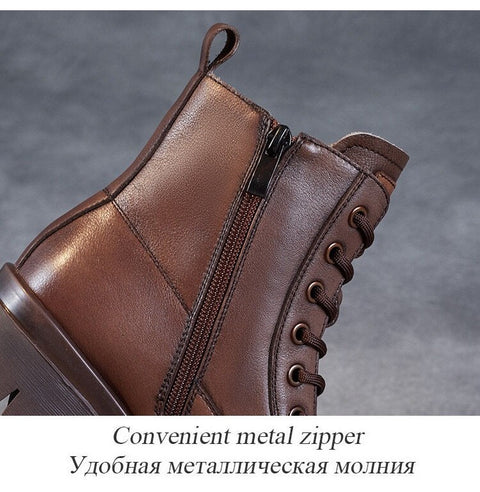 Mtvrmall -  Autumn Winter Warm Ankle Boots For Women Luxury Genuine Cow Leather Square Heel Platform Casual Short Boots Retro