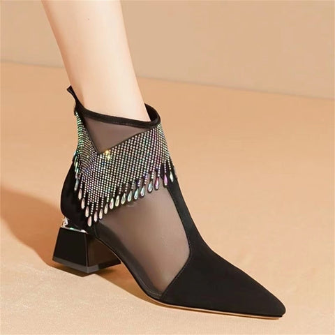 Mtvrmall - Fashion Ankle Boots Women  New Glitter Rhinestone Ladies Pointed Toe Chunky Heel Shoes Dress Party Female 5CM Mesh Sandals