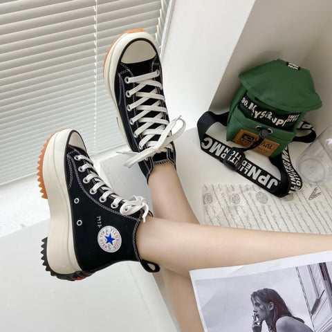 Mtvrmall - Women Canvas Shoes High Top Canvas Boots Lace Up Casual Sneakers Plarform Height Increasing Girl Shoes Female Ankle Boots