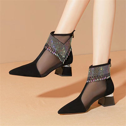 Mtvrmall - Fashion Ankle Boots Women  New Glitter Rhinestone Ladies Pointed Toe Chunky Heel Shoes Dress Party Female 5CM Mesh Sandals