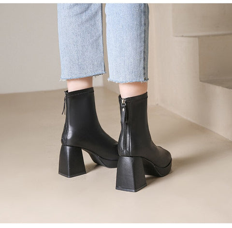 Mtvrmall - New Autumn Winter Leather Short Boots Women Square High Heel Women Shoes Zipper All Match Ankle Boot Female Platform Shoes