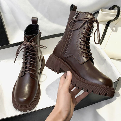 Mtvrmall - Brown Platform Ankle Boots Women Autumn Winter Thick Bottom Motorcycle Boots Woman Thicken Warm Lace Up Shoes Ladies