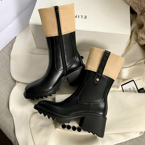 Mtvrmall - Women Mid-Calf Chunky Chelsea Boots Winter High Heels Casual Shoes Fashion New Trend Women Gladiator Goth Motorcycle Boots