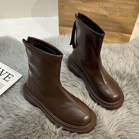 Mtvrmall - Autumn Winter Women Ankle Boot Fashion Square Toe Back Zipper Ladies Keep Warm Short Boots Casual Square Low Heel Shoes